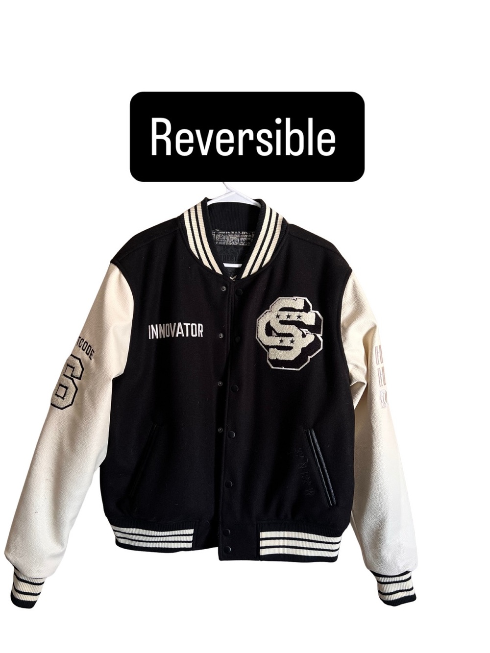 Reversible Leather and Wool Black & White Varsity Jacket - Mens Large